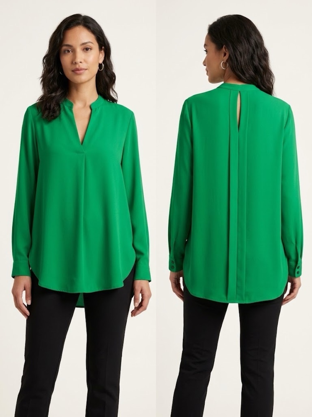 Emerald Green Notch V-Neck Tunic Blouse Keyhole Back Top Size L/XL